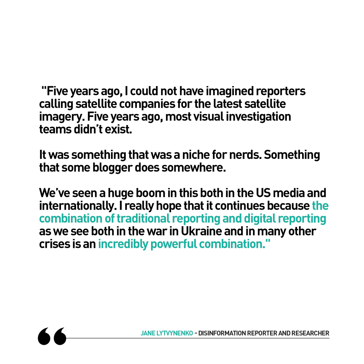 Media_Checker's tweet photo. "Five years ago, I could not have imagined reporters calling satellite companies for the latest satellite imagery. 
Five years ago, most visual investigation teams didn’t exist.
It was something that was a niche for nerds." - @JaneLytv in conversation with Mediachecker https://t.co/SqIr1VBhXU