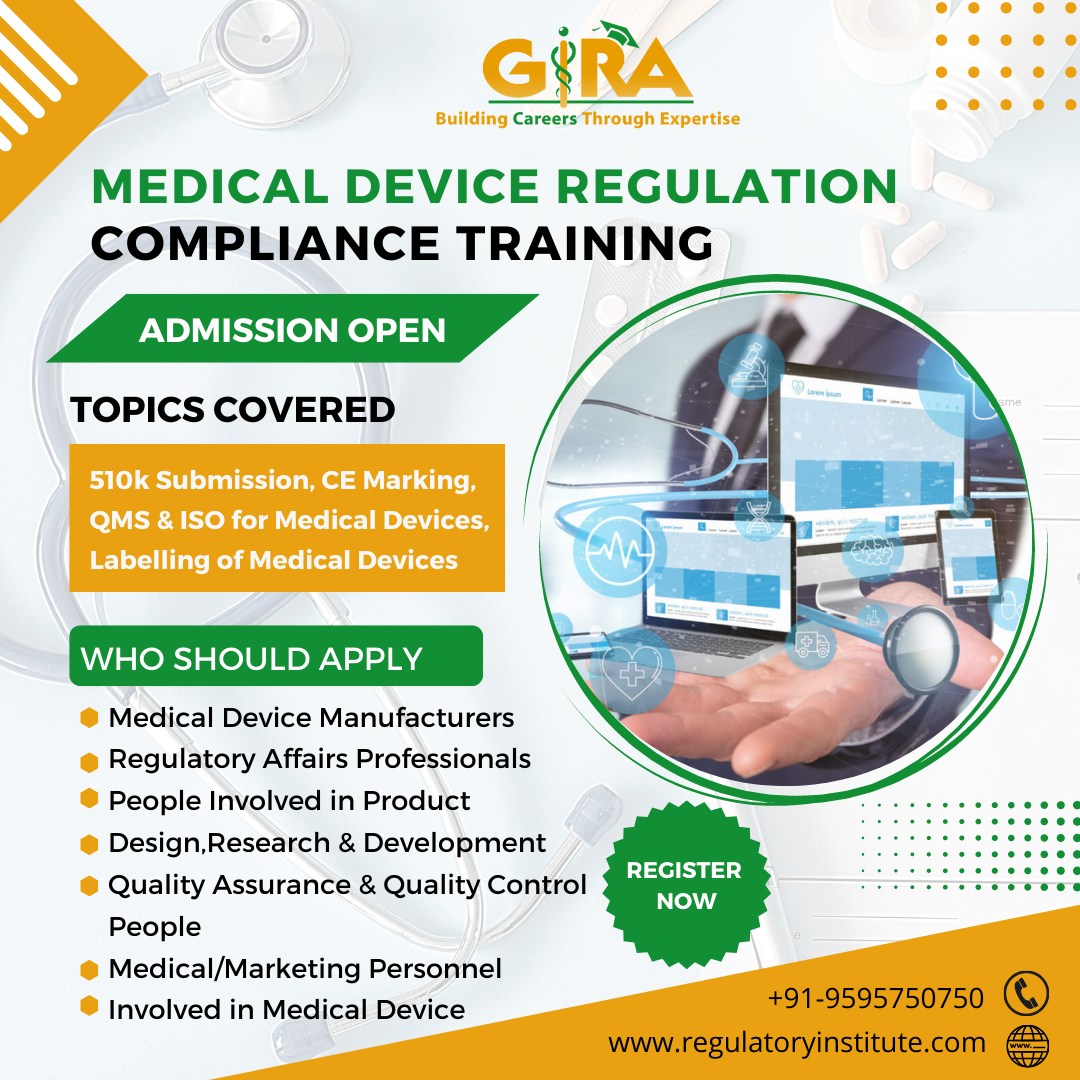 We offer Medical Device Regulation Training program,
The medical devices market expanding at a rapid rate, and medical device jobs are in high demand all across the world.
More info visit:bit.ly/34uc9Fc
 #medicaldevice #medicaldevicecompliance
#medicaldeviceregulation