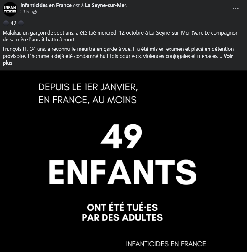 Tzitzimitl's tweet photo. 600 meurtres d'enfants par an entre 2002 et 2011 (INSERM). 49 recensés par une journaliste cette année.
La question est pourquoi #lola12ans fait plus parler que les autres ? Vous mobiliserez-vous pour Malakai, 7ans, mort le 12, même si son meurtrier s'appelle François ? https://t.co/fgPwmuMD4y