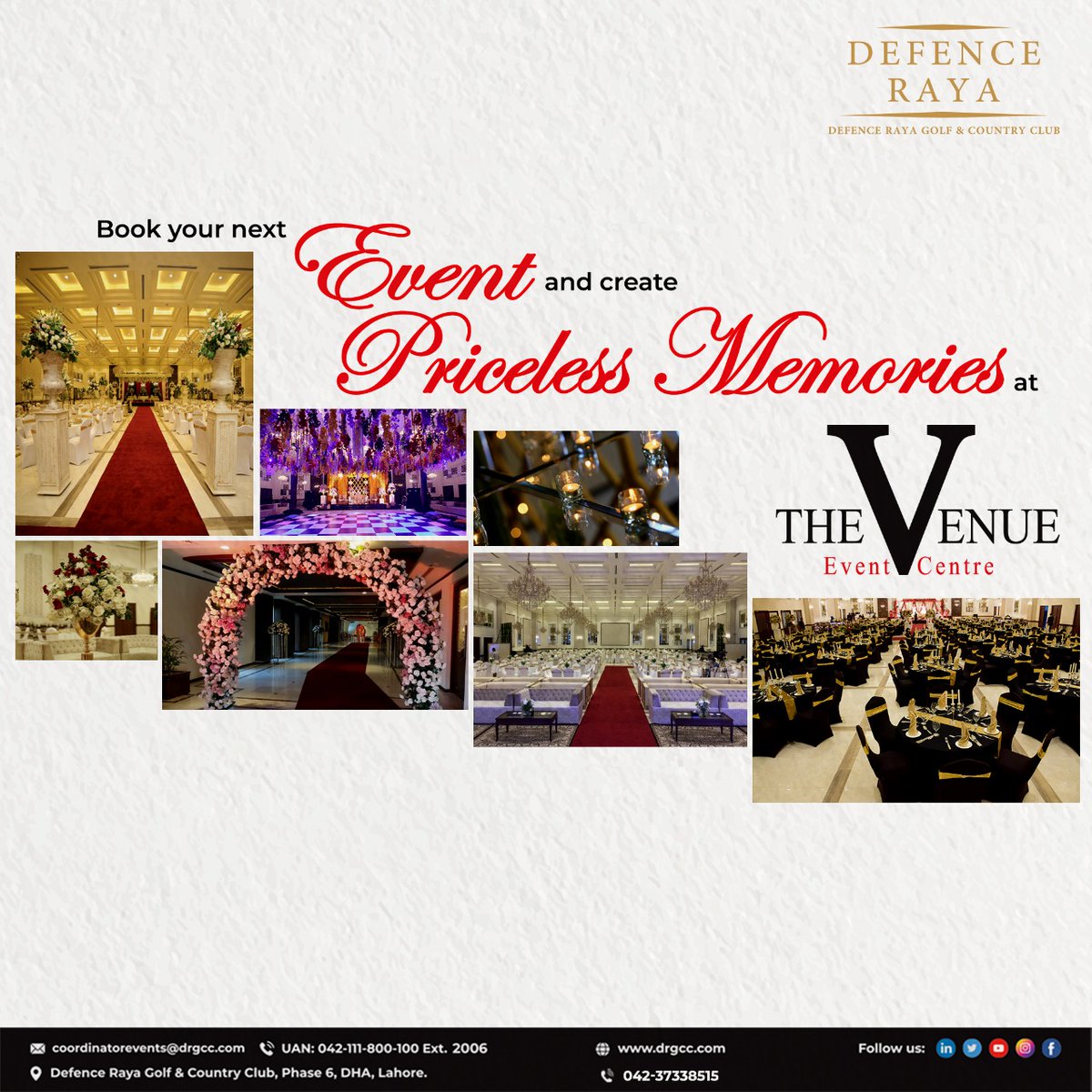 defence_raya's tweet photo. Book your next event and create priceless memories at "The Venue".

For booking and enquiry please call 042-37338515 or email at coordinatorevents@drgcc.com.

#weddings #bride #groom #mehndi #events #fashion #bharat #shandi #walima  #events #socialevents #corporateevents https://t.co/PUs6c7UEkR