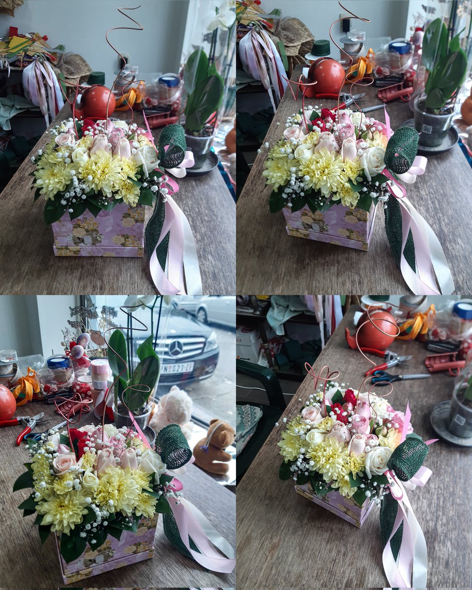 zare_entuzijast's tweet image. #pinkflowerbox #squarebox #roses #chrysanthems #whiteroses #babyroses #pinkroses #yellowchrysanthems #gypsophila #decoration #ribbons #satinstrap #babyroseribbons