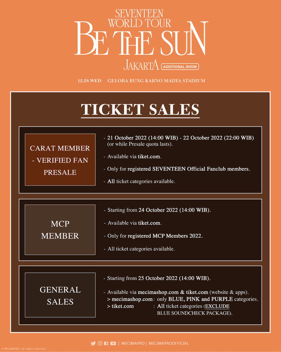 mecimapro's tweet photo. #BETHESUNinJKT - Ticket Sales information.
Please take note of this ticket sales schedule and info. Thank you.
-
More info: https://t.co/1a5JSWrzZz
-
#세븐틴 #SEVENTEEN
#SVT_WORLDTOUR_BETHESUN
#BETHESUN https://t.co/JxGLBgFtyh