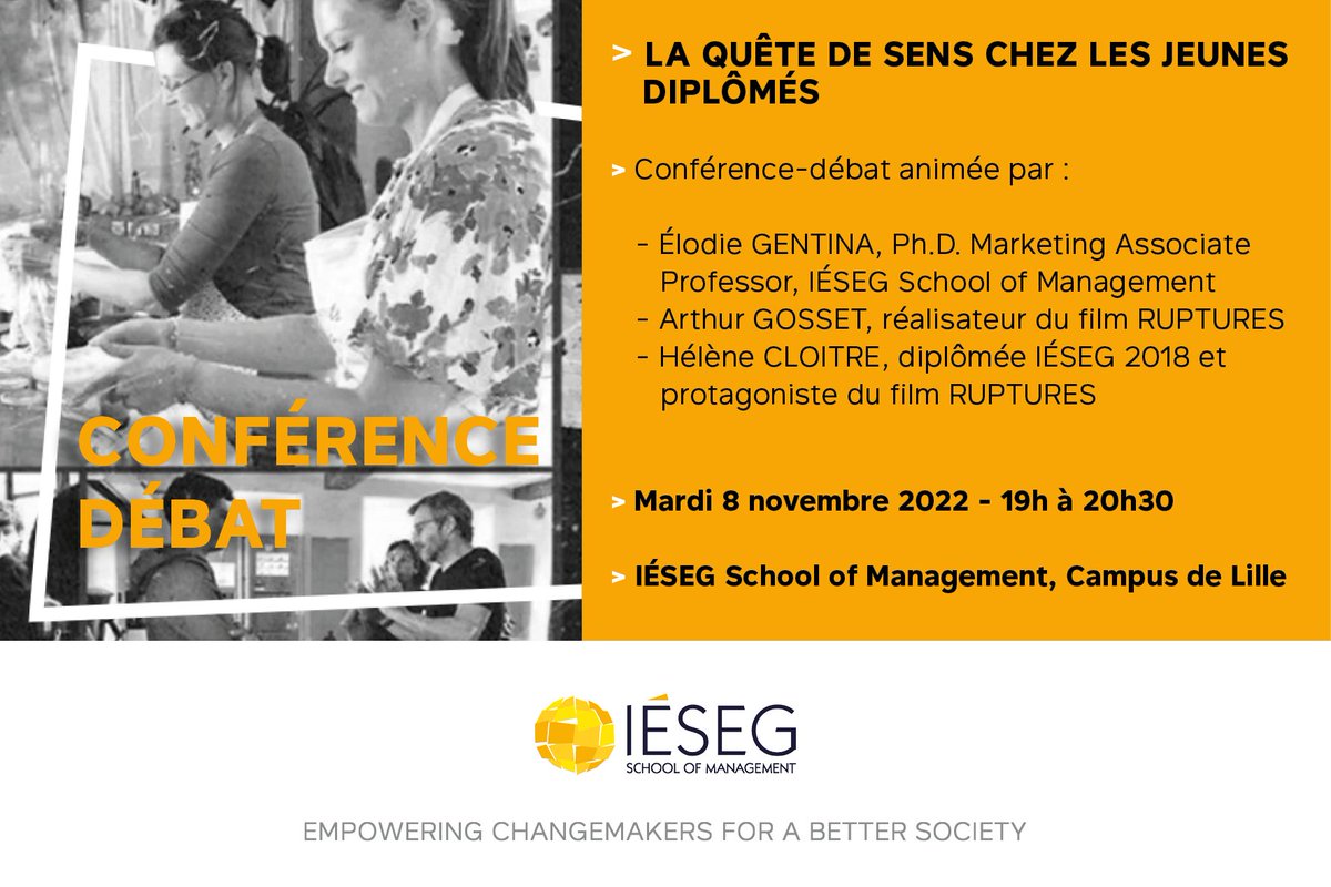 IESEGCareer's tweet photo. [📢CONFERENCE] L'@IESEG est heureuse de recevoir le 8.11 à 19h à #Lille @GossetArthur et Hélène Cloitre pour une conférence animée par @ElodieGentina ! La quête de sens chez les jeunes Diplômés sera au coeur des échanges. 👉Inscription : https://t.co/XApjolhMy5 #IESEGExperience https://t.co/DvDbJgNwBG