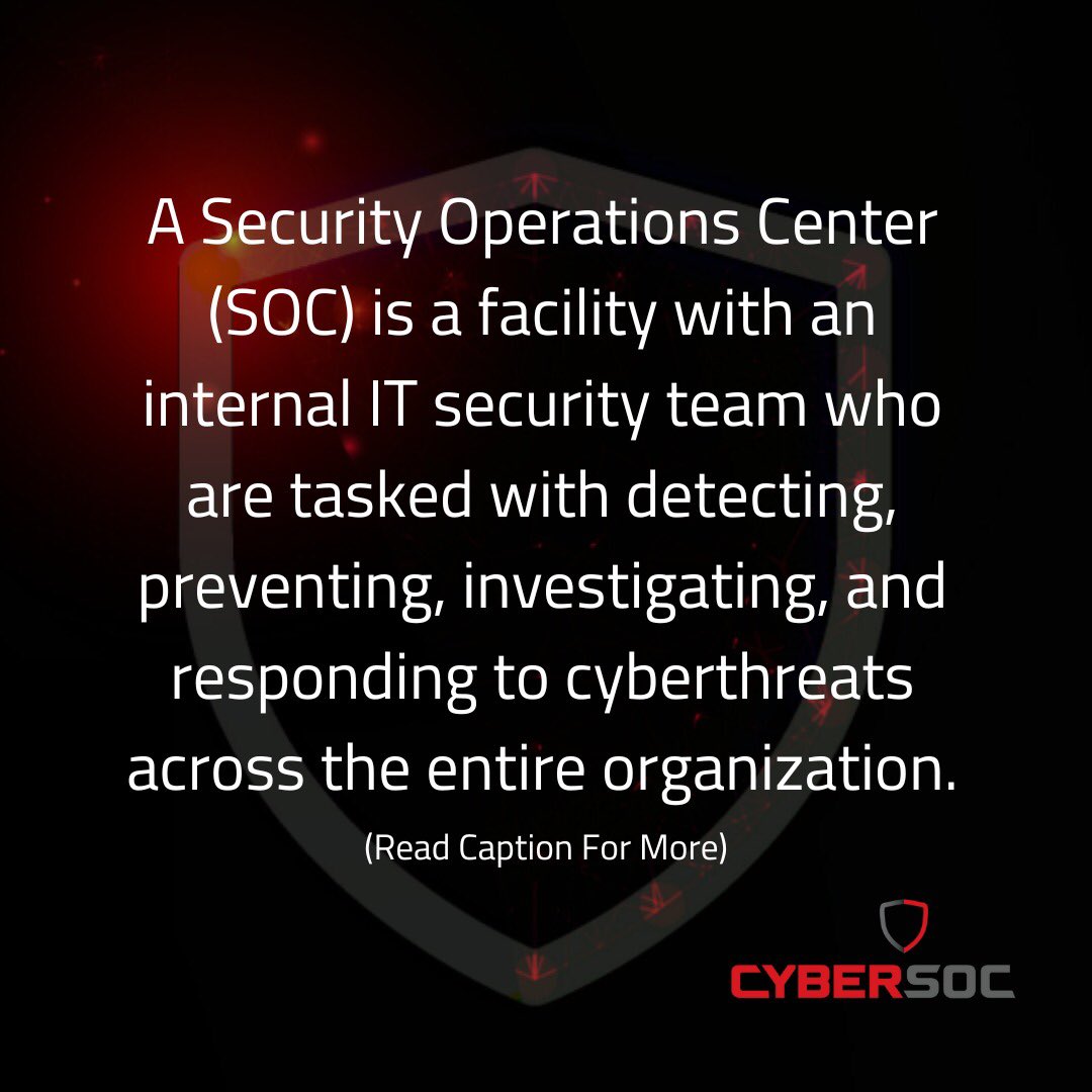 Having a #SOC centralizes an organization’s IT security monitoring and incident response activities in a single location and is responsible for remediating both internal breaches and external #cyberattacks.

#CyberSOCAfrica #CyberSOC #LearnWithCyberSOC #SecurityOperationsCenter