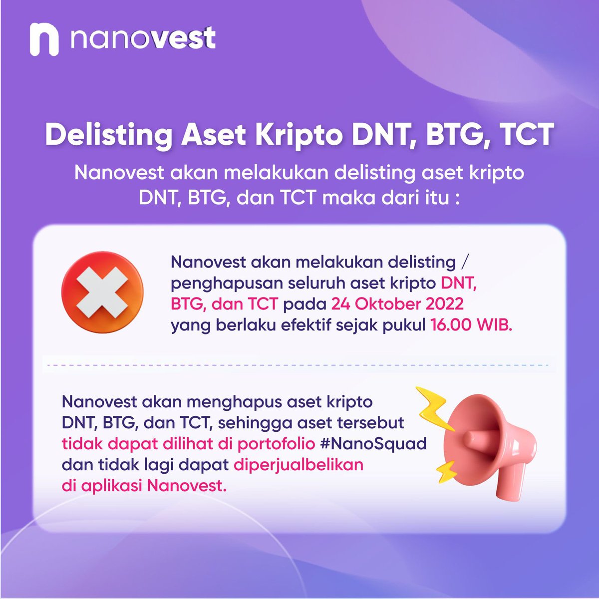 Buat kamu #Nanosquad Hodler District0x (DNT), Bitcoin Gold (BTG), dan TokenClub (TCT) jangan khawatir karena Nanovest akan melakukan refund bagi semua hodler 🤗