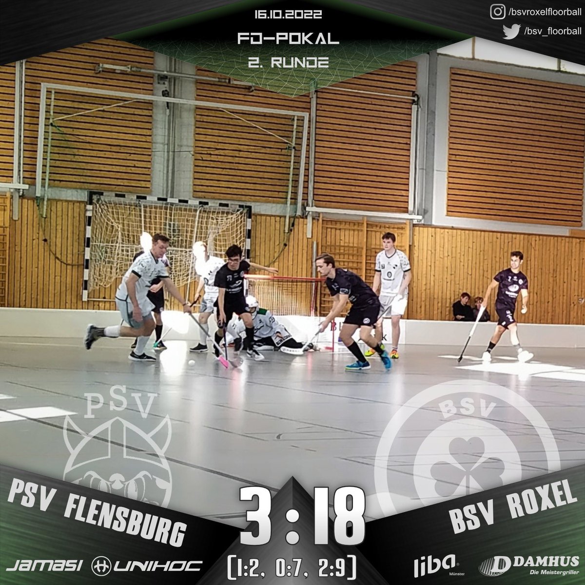 bsv_floorball's tweet photo. Das Pokalwochenende beschert uns den zweiten Sieg in Folge. Nach holprigem Start sichern uns zwei konsequent zu Ende gespielte Drittel gegen ermüdete Flensburger ein klares 18:3 und damit den Einzug in die 3. Runde.
#Floorball #FDPokal #FLBROX #Jamasi #Unihoc #Damhus #liba https://t.co/BZB0RYl8HE