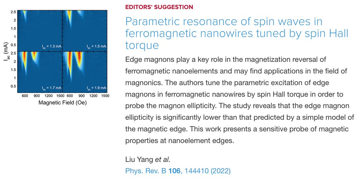 PhysRevB's tweet photo. PRB Editors' Suggestion: #Parametric_resonance of #spin_waves in #ferromagnetic #nanowires tuned by #spin_Hall_torque
L. Yang, A. A. Jara, Z. Duan, A. Smith, B. Youngblood et al.,
Phys. Rev. B 106, 144410
#physics #condmat #EdSugg @APSPhysics
Article: https://t.co/rB0T4SHuzx https://t.co/y7XPwvtDGT