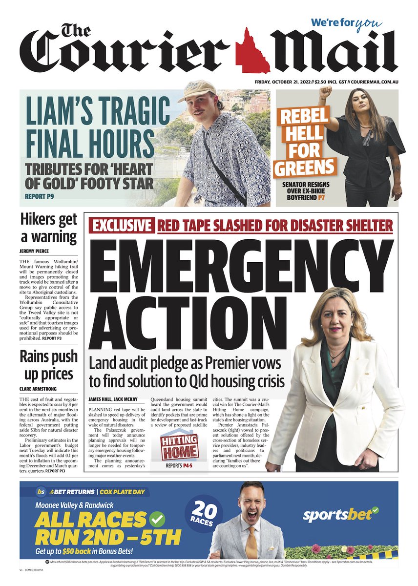 couriermail's tweet photo. In Friday's #CourierMail we reveal the first major measure to come out of the Housing Summit PLUS rugby league community mourns a Dolphin AND Greens senator's biggest controversy yet #HittingHome #qldpol #auspol https://t.co/HLs7I5fA3d