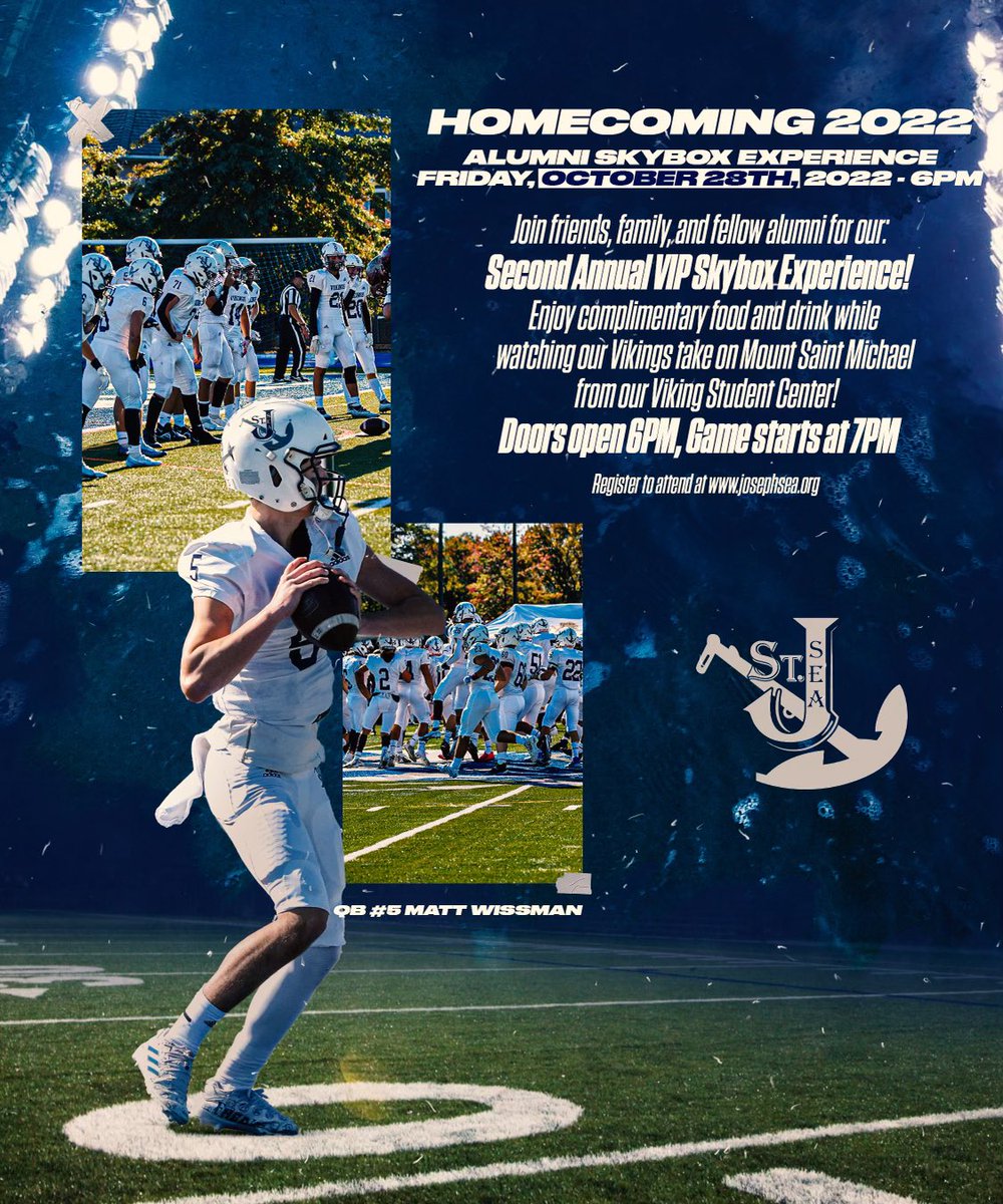 StJSeaFootball's tweet photo. CALLING ALL FORMER PLAYERS: Friday, October 28th at 6PM we are inviting our Sea Football Alumni to our 2nd Annual, VIP Skybox Experience to celebrate Homecoming!  

#FightFinishFaith #EnergyEffortPassion  #TheStandardIsTheStandard #VikingPark #PackThePark https://t.co/hnV7mNA3tr
