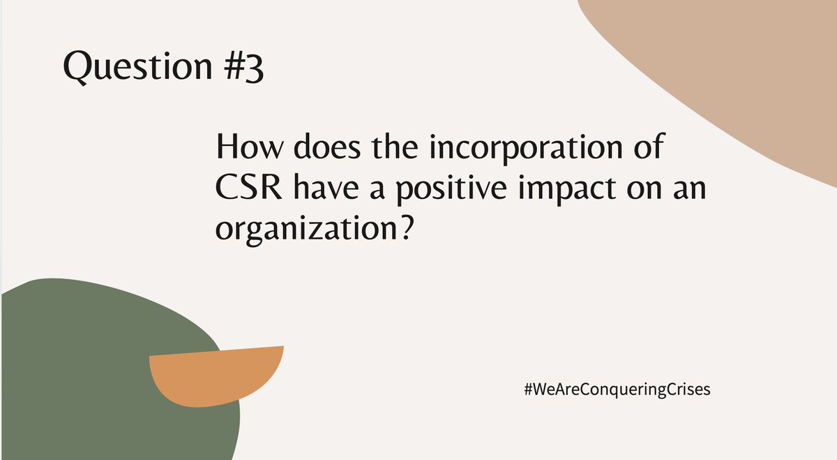 cfly77's tweet photo. Great job so far… keep up the good work!! 
Q3: How does the incorporation of CSR have a positive impact on an organization? #WeAreConqueringCrises @chris10buckley https://t.co/ETU2AzfGrb