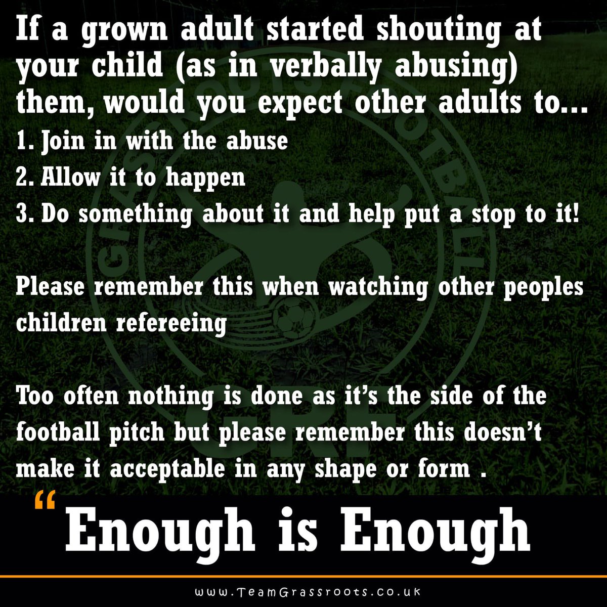 Last weekend we received an alarming increase in reports of refs, specifically young refs having to deal with adults confronting them during and after games, swearing aggressively, abusively and behaving in a threatening  manner. We can’t allow this to continue, Enough is Enough.