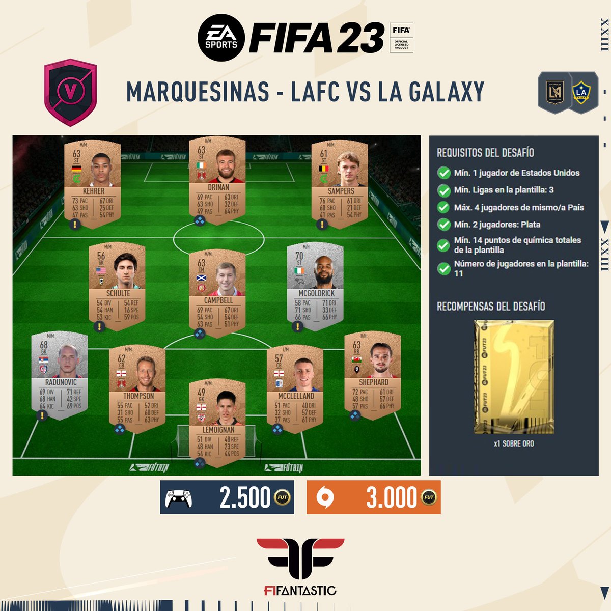 FIFAntastic's tweet photo. Soluciones para el Desafío de Creación de Plantillas "Marquesinas" de #FIFA23 

Coste total en 🎮: 21.500 🪙
Coste total en 💻: 17.500 🪙

Valor de los sobres (transferible): 77.500 🪙 https://t.co/9HeSpw6X3b
