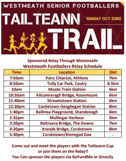 The Westmeath Senior Footballers Tailteann Trail takes place this Sunday through the County.

Support the lads via gofundme.com/f/westmeath-se… or sponsor the players directly.

Greet the players on route with the Tailteann Cup or join them on the relay! See Timetable

#WestmeathGaa