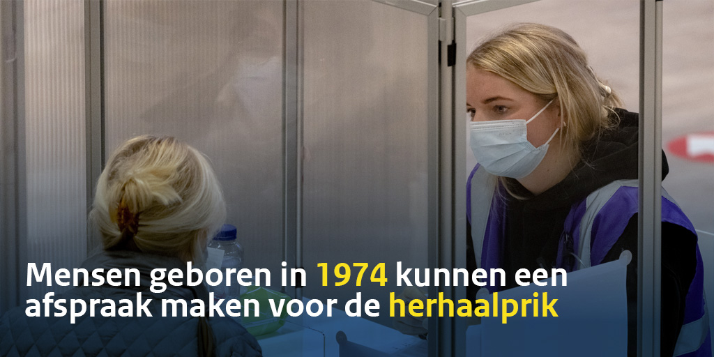 rivm's tweet photo. Mensen uit 1974 kunnen nu een afspraak inplannen bij de GGD voor een #herhaalprik tegen het #coronavirus. Dit kan online via https://t.co/JVzAXRKmwT of telefonisch via 0800-7070. Je kan de herhaalprik minimaal 3 maanden na jouw laatste coronaprik of -besmetting halen. https://t.co/DXHAFnFSr4