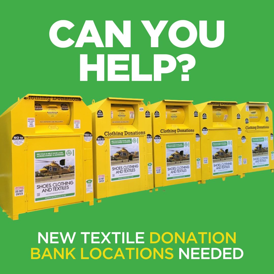 Can you help us find new locations for our textile donation banks? Do you have a suitable space at your business premises? Are you a car park manager or a store manager? If you think you can help us, please get in touch via our website 👉 dsairambulance.org.uk/recycle