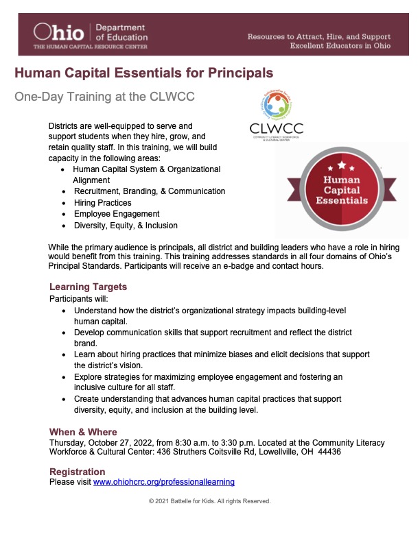 SSTRegion5's tweet photo. The CLWCC, @battelleforkids, and @OHEducation have partnered to bring #OhioEd leaders this free 1-day Human Capital Essentials for Principals training on October 27 at the Cultural Literacy Workforce &amp; Community Center (CLWCC). Learn more &amp; register at https://t.co/2f9bmCOb1y https://t.co/Y8mwC2ioGU