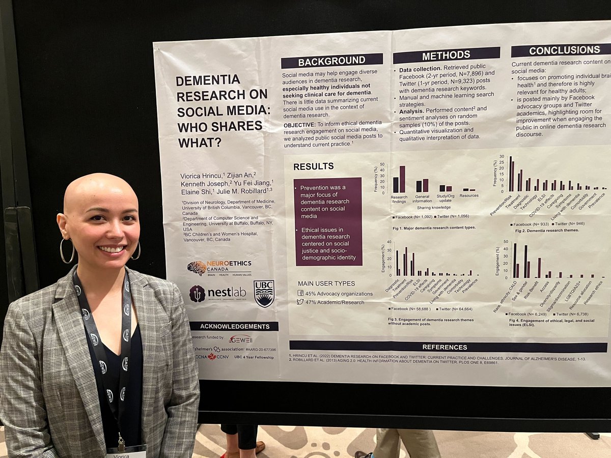 NeuroethicsUBC's tweet photo. We're at the 2022 @AGEWELL_NCE Conference! 🙌#NeuroethicsUBC's Viorica Hrincu and Jaya Kailley presented their posters on "Dementia research on social media: Who shares what?" and "Emotionally-aligned social robots for aging care: Insights from the DISRUPT co-creation workshops". https://t.co/clqp9xZ9Oz