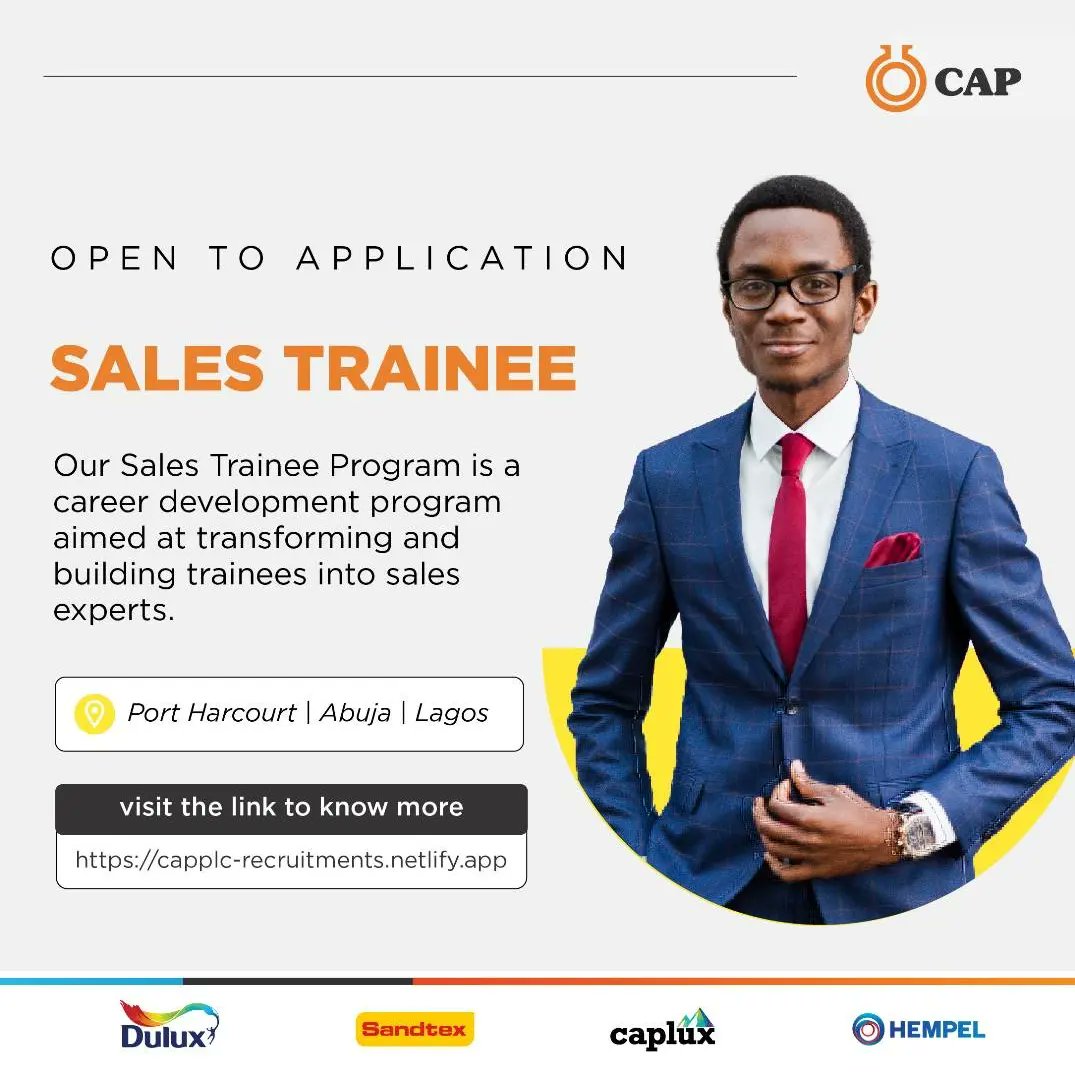 We are looking for the brightest potentials to join our Sales Trainee Program.
Do you think you have got the stuff we are looking for?  
Apply by clicking on the link below ,if you reside within the cities of Lagos, Abuja and Portharcout. 
capplc-recruitments.netlify.app
#CAPSalesTrainee