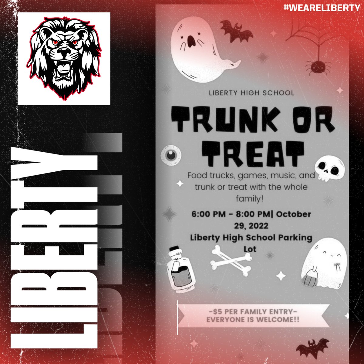 LHSAthletics22's tweet photo. Liberty High School @StucoLiberty Presents:  TRUNK OR TREAT 
Saturday October 29th @LibertyLionsHS 6:00--8:00 PM 
Main Student Parking Lot--Join us for a night of fun food and trick or treating!  #stucoliberty #WeAreLIBERTY https://t.co/xFPcsOLbuG