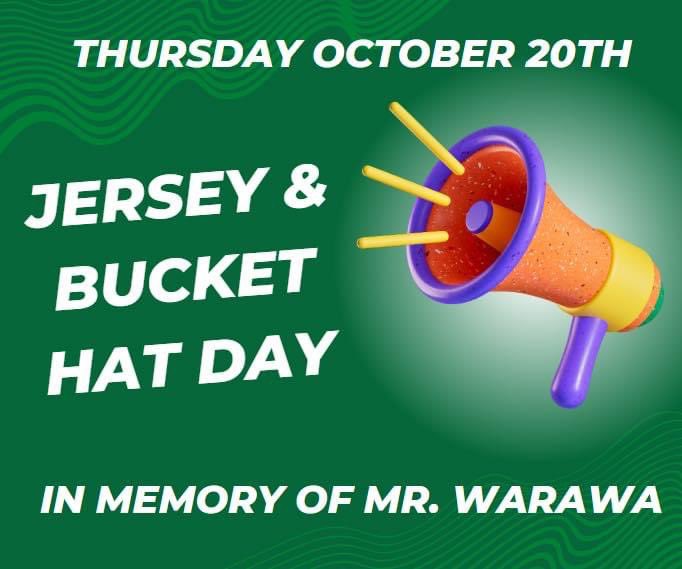 mrskinleypsc's tweet photo. 🛎PEP RALLY🛎 Today we wear bucket hats and jerseys in memory of our teacher, colleague and friend. You will be missed, Mr. Warawa! ❤️ https://t.co/91MQQcnGwb