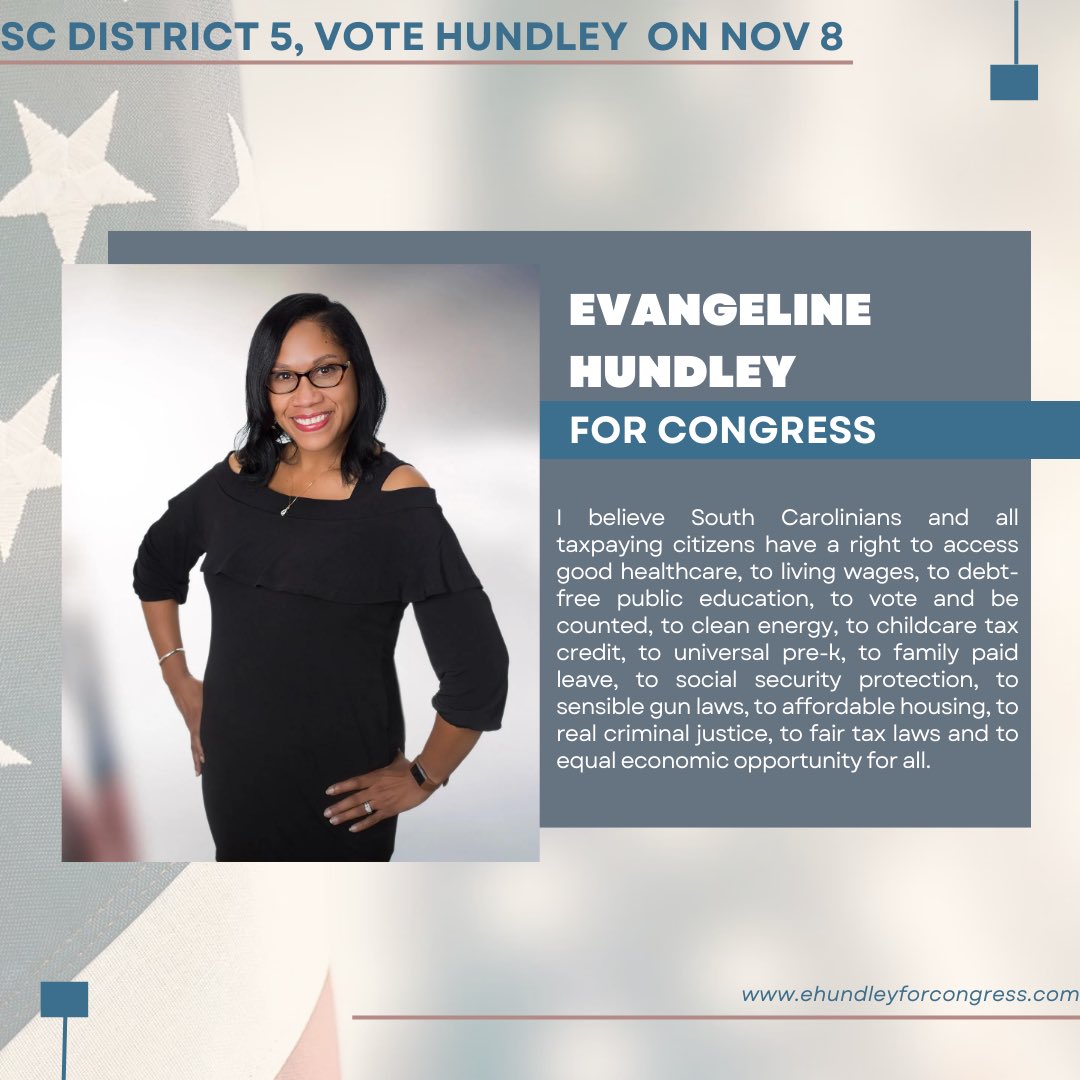 district5eva's tweet image. My vision is to see the people of South Carolina be healthier, wealthier, and wiser. As the 5th District’s Congressional Representative, my mission will be to work on and vote for legislation that benefits my constituents. 
#scvotes #Election2022 #SCdistrict5 #SouthCarolina