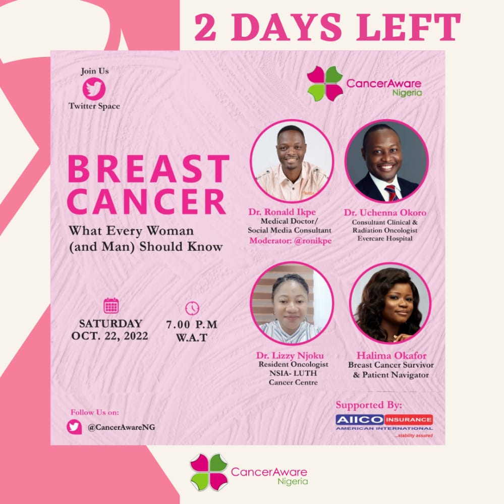 CancerAwareNG's tweet photo. 2 days to go. Join us this Saturday, 22nd October by 7 p.m as we speak to medical experts on "Breast Cancer: What Every Woman (and Man) Should Know." Please share with everyone who needs to be here. 
#CancerAware 
#PinkByAIICO
@ronikpe
 https://t.co/HrRbwtBmyC https://t.co/IEg5Bv0MVf