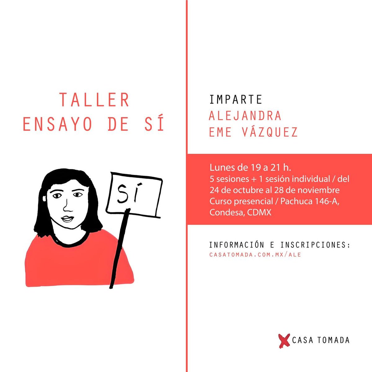 alejandraemeuve's tweet photo. Queda una beca del 50% para mi taller de ensayo en @CasaTomadaMX, ¿quién dice yo? Son 5 sesiones presenciales en ese bellísimo espacio y una individual por Zoom, empezamos el lunes, vamos a escribir y pensar el ensayo con todo el cuerpo, vengannn 🥰✨🎉 https://t.co/It8PVFQVet