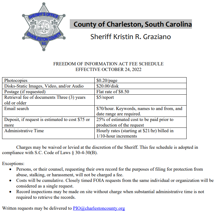 BlairSabolTV's tweet photo. Some #FOIAfun and it isn't even Friday!
The Charleston County Sheriff's Office is implementing new fees to request public records.
A dashcam video on a CD? That'll be $20
A search of public emails? A STEAL at $70 an hour! https://t.co/BXLWKqp3qa
