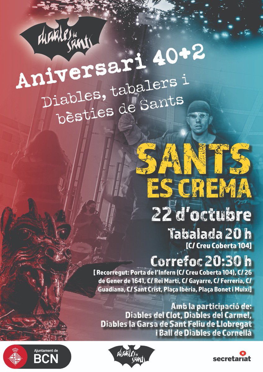 Aquest dissabte!!! Per fi podem celebrar els 40 anys de la colla! T’esperem al nostre 40+2 è
20h creu coberta 104. Tabalada a la porta de l’infern!
20:30h inici del correfoc!!