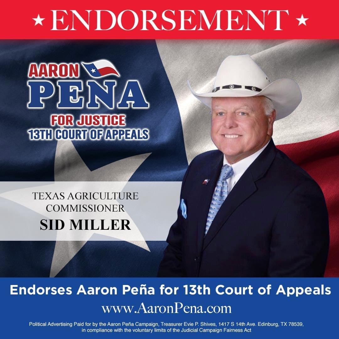 AaronForJustice's tweet photo. Honored to have the support and endorsement of Texas Agriculture Commissioner, Sid Miller! Thank you Commissioner for your support and encouragement.

If you want to support our campaign for the 13th Court of Appeals, learn more here: https://t.co/74x7fTqQQy https://t.co/IDLAM7rbIv