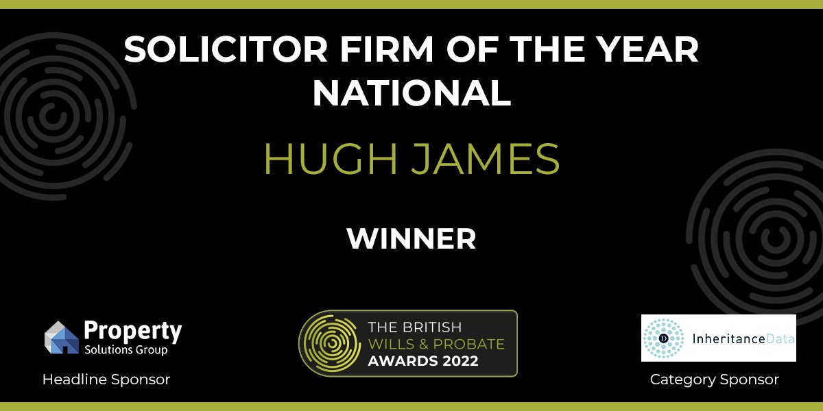 WINNER
The award for 'Solicitor Firm of the Year - National' goes to <a href="/HughJamesLegal/">Hugh James</a> 

Congratulations, from everyone at #TodaysWillsAndProbate and award sponsor - <a href="/InheritanceData/">Inheritance Data</a> 

#BWAPAwards2022 #AwardWinners