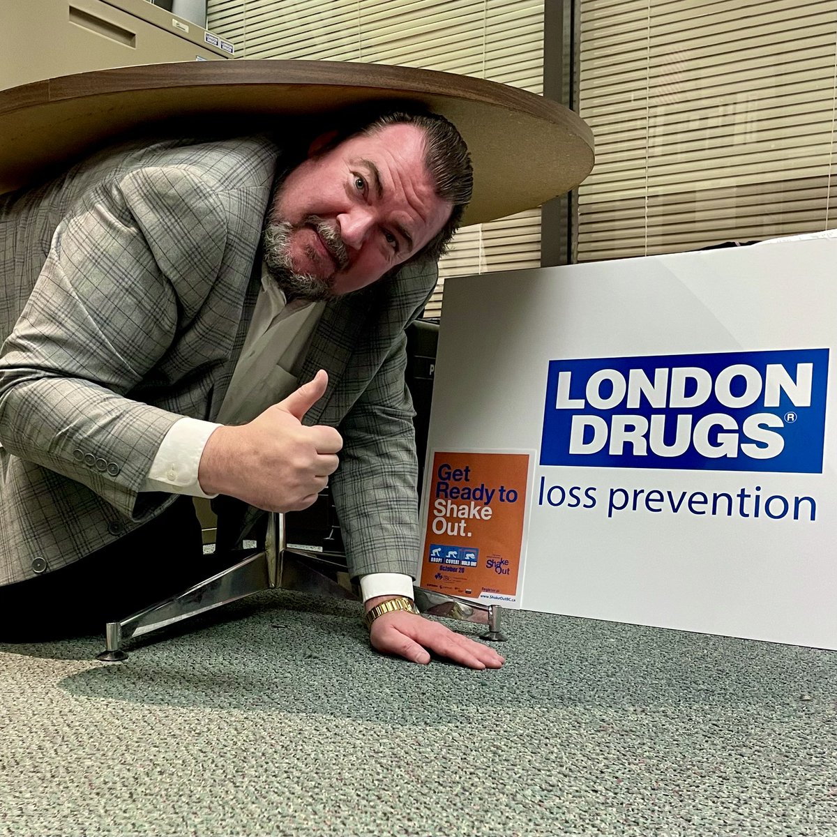 LP_Tony's tweet photo. Ok BC. Drop Cover and Hold on! 10:20am it’s time to @ShakeOutBC. My BC @londondrugs colleagues are all ducking under desks and sheltering.
@PreparedBC explain how: https://t.co/FArHLUXxdR. #preparedness #preparedbc. #retaillp @RetailCouncil #retail https://t.co/nOjrbbUek6