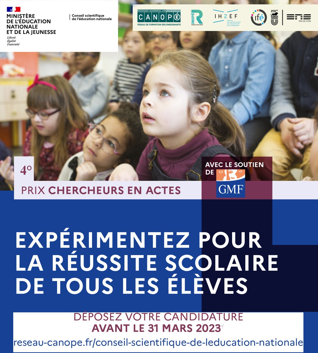 ✏ inscriptions ouvertes ✏️

👨‍🎓Vous êtes dans l’enseignement ?  
➕
🔬vous avez une âme de #chercheurs ? 
↕️
Participez à cette 4° édition de «Chercheurs en Actes» 
↕️
bit.ly/3MFcqdL

<a href="/GMF_assurances/">GMF</a>
 <a href="/reseau_canope/">Réseau Canopé</a>
 <a href="/ReseauInspe/">Réseau des INSPÉ</a>
 <a href="/Ih2ef/">IH2EF</a>
 <a href="/educIFE/">IFÉ</a>