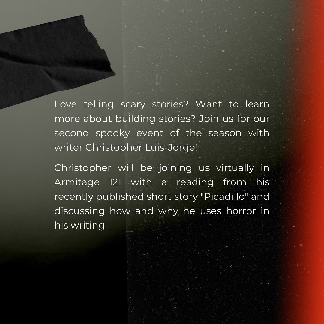 Join us for: HORROR STORIES 🧟‍♂️

Love telling scary stories? Want to learn more about building stories? Join us for our second spooky event of the season with writer Christopher Luis-Jorge!

WHEN &amp; WHERE
🗓 October 26, 2022
⏰ 12:45PM
📍ATG 121