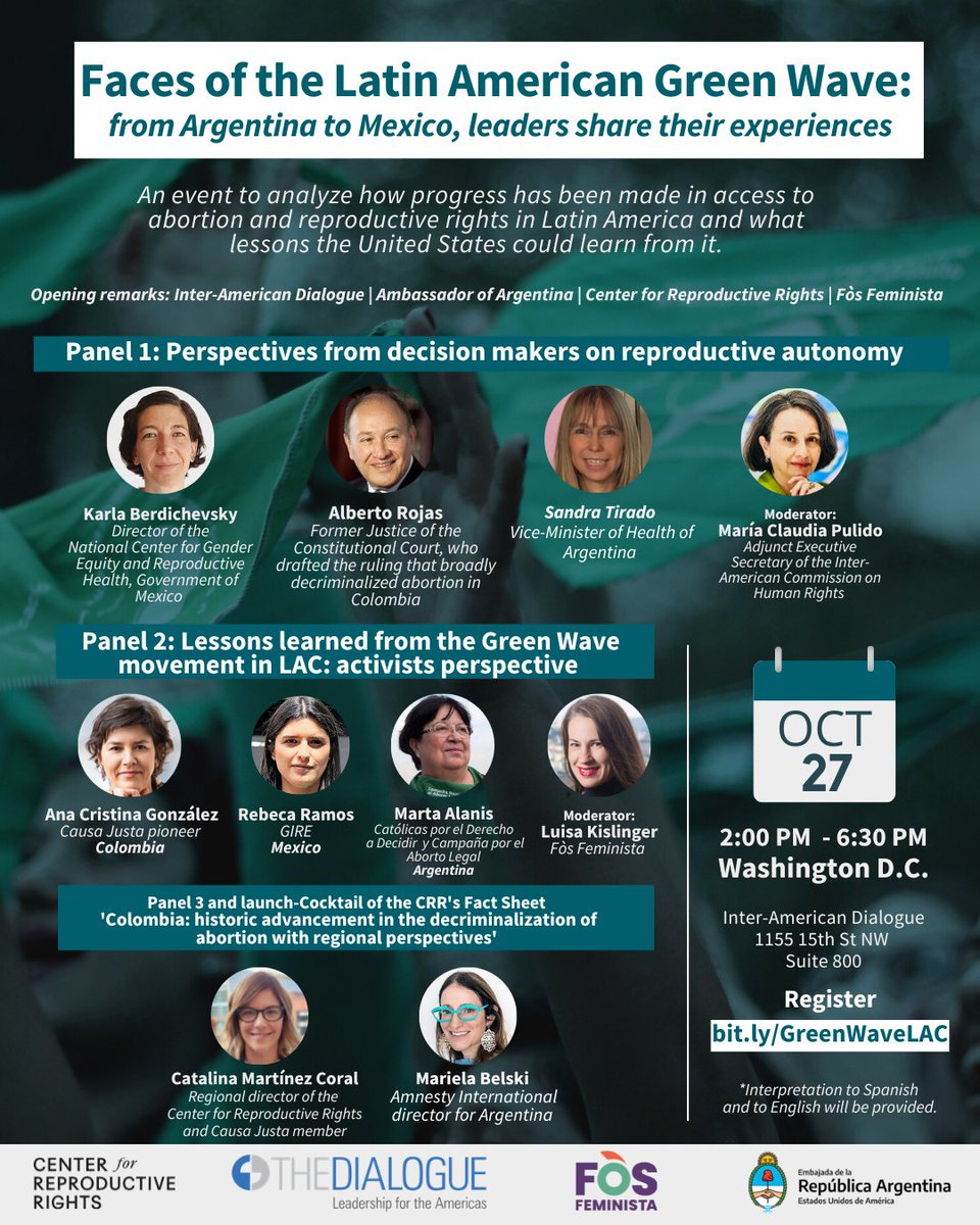 The_Dialogue's tweet photo. NEW EVENT- Faces of the Latin American Green Wave: From Argentina to Mexico, Leaders Share Their Experiences w/ @ReproRightsLAC, @Fos_Feminista, @ARGinUSA 

📅October 27, 2022
⏰ 2:00 PM-6:30 PM EST

RSVP below⬇️
https://t.co/7MVMLQwp5v https://t.co/mnBK8qMlO1