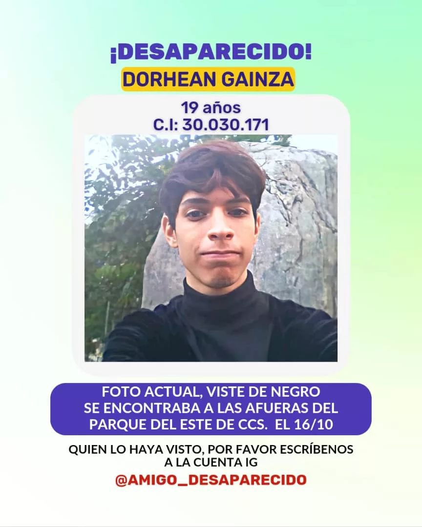 ElNacionalWeb's tweet photo. #ServicioPúblico | El joven Dorhean Gainza, de 19 años, se encuentra desaparecido desde el 16 de octubre.  Fue visto por última vez en Los Palos Grandes, Caracas. Se agradece contactar a sus familiares en la cuenta de Instagram @amigo_desaparecido https://t.co/Bq28DeR5yb