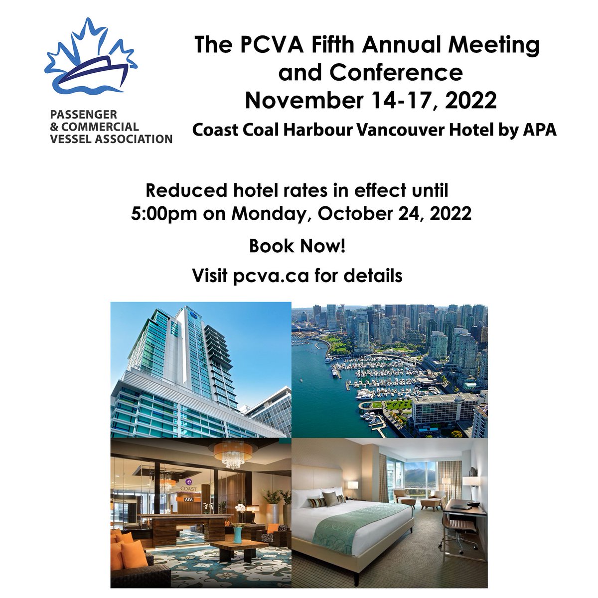 pcva_canada's tweet photo. Are you still considering your attendance at the 2022 @pcva_canada conference?  Book your room at the official conference hotel now to access our low conference group rate. After Oct 24, we cannot guarantee rates or availability. Visit https://t.co/kUlV8Pn6Oi for details. https://t.co/yX438elQ6p