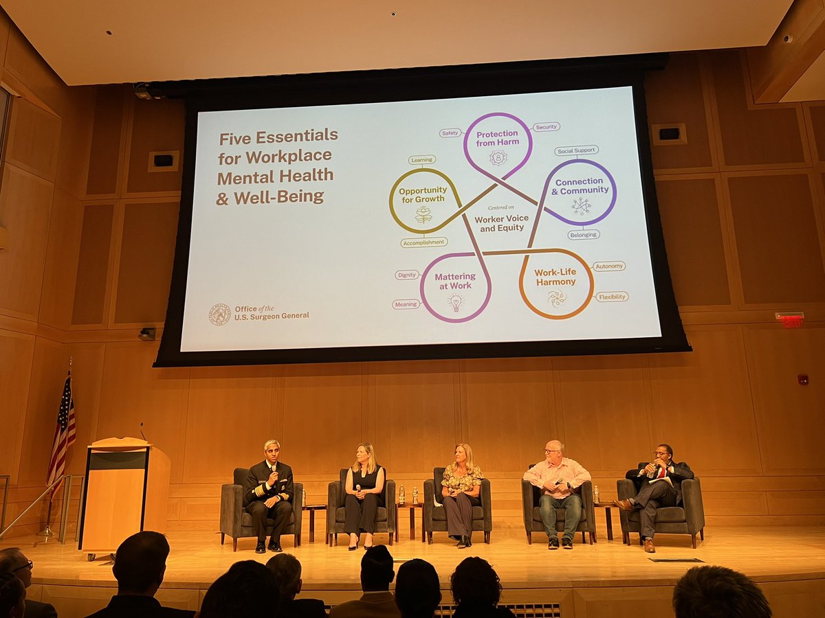 Five essentials of #workplacementalhealth 1. Protect from harm 2. Connection & Community 3. Work-Life Harmony 4. Mattering at Work 5. Opportunity for Growth @Surgeon_General