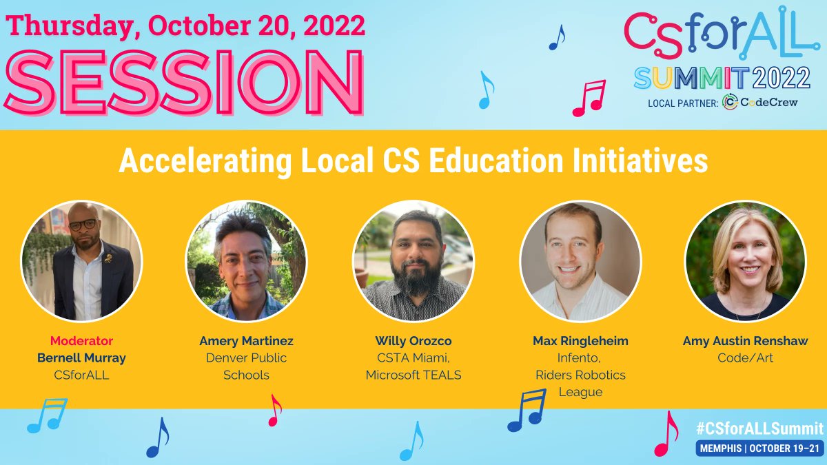 Join <a href="/be10murray/">Bernell Murray, M.Ed.</a> (#CSforALL), <a href="/AMERYMARTINEZ3/">AMERY MARTINEZ Denver Public Schools</a> (@DPSNewsNow), <a href="/STEAMwithO/">𝒲𝒾𝓁𝓁𝓎 𝒪𝓇𝑜𝓏𝒸𝑜</a> (<a href="/MiamiCsta/">CSTA Miami</a> / @TEALSProgram), <a href="/maxringelheim/">Max Ringelheim</a> (@Infento, Riders Robotics League), and <a href="/MomWhoCodes/">Amy Austin Renshaw</a> (@CodeArtOrg) at 1:30 PM &amp; 3 PM for the session "Accelerating Local CS Education Initiatives" in Ballroom C!