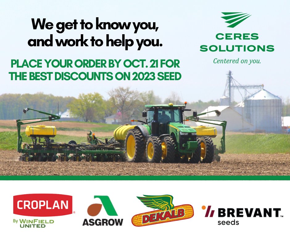 Tomorrow, 10/21, is the deadline for early seed order discounts. Your success in 2023 starts with seed! Contact your local Ceres representative to place your order! #GrowWithCeres #Plant23