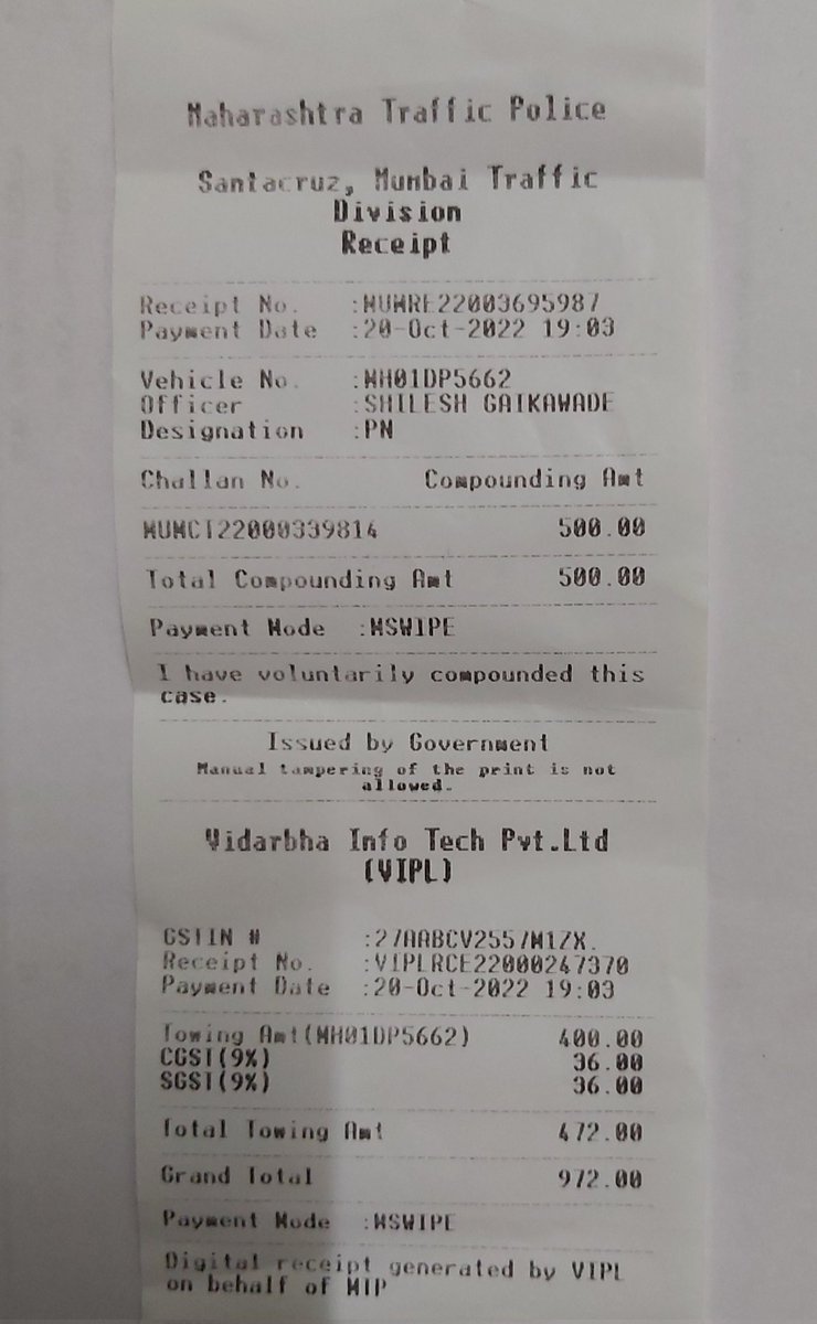 veenakhan's tweet photo. Today I was charged Rs.972/- (Rs.500 for No-Parking &amp; Rs.472/- towing charge). Please guide if I should be charged for towing when my vehicle is not actually towed. Towing SMS recd 19.02 hours and paid promptly 19.03 hours standing at the spot. @MTPHereToHelp @CPMumbaiPolice https://t.co/9bmLmgTbDT