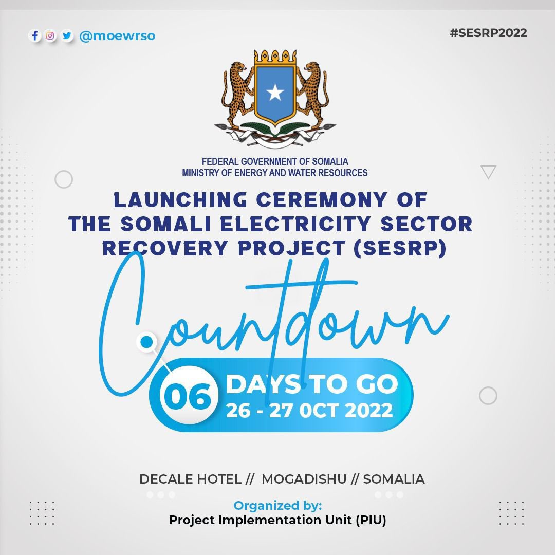 Save the dates for next week (26-27 October). The @MoEWRSo in conjunction with @WorldBank is officially launching the Somali Electricity Sector Recovery Project – (SESRP) with the objective of laying the foundation for an interconnected National Grid. #Energy4Somalia #ILAYS