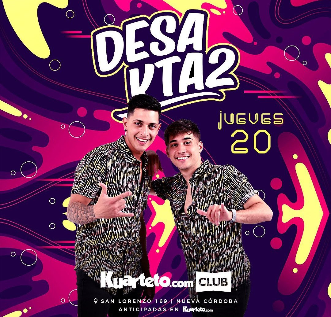 InfEspectCbaok's tweet photo. Está noche #Desakta2 clásico en #KuartetoClub
🎫 Anticipadas en https://t.co/UQ666ARlh5
#Cuarteto
#Córdoba
#Argentina https://t.co/XMvmEFfDSR