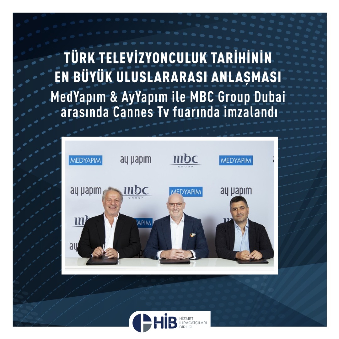 HibTurkiye's tweet photo. Türk Televizyonculuk tarihinin en büyük uluslararası anlaşması MedYapım & AyYapım ile MBC Group Dubai arasında Cannes Tv fuarında imzalandı.
@MBCGroup ve HİB komite üyelerimiz @medyapimresmi @ayyapim ı tebrik ediyoruz. 👏🇹🇷 #HizmetİhracatçılarıBirliği #Turkishcontent #production https://t.co/Tocea9eikA