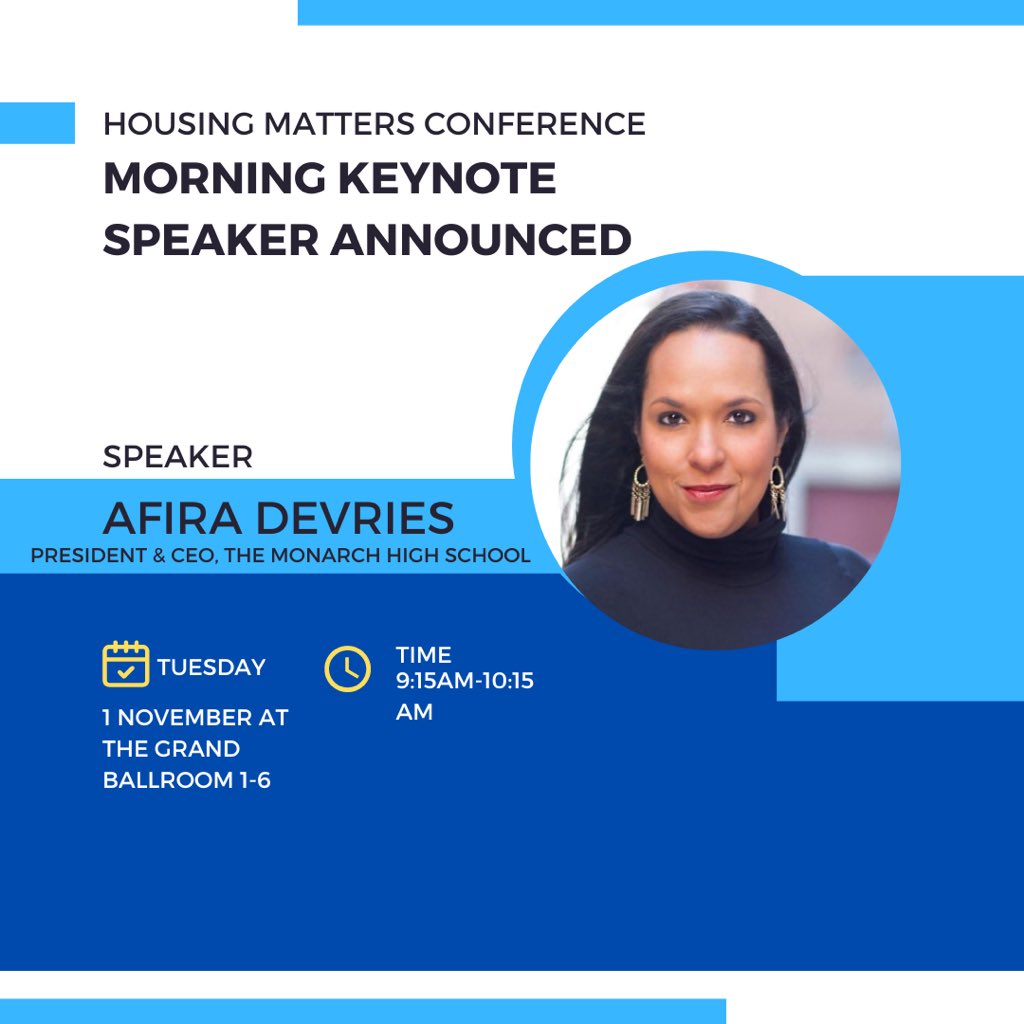Our morning keynote speaker on November 1st will be Afira DeVries in the Grand Ballroom 1-6 for our upcoming Housing Matters Conference. She is President & CEO at the Monarch school. #housingmatters #monarchschool #sandiego