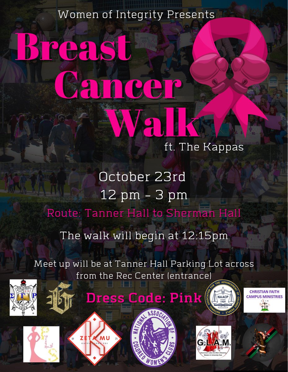 In October, we wear pink for all warriors. Join the National Association of Colored Women’s Clubs Inc. the Women of Integrity chapter ft. Kappa Alpha Psi Fraternity Inc. the Zeta Mu Chapter at our annual Breast Cancer Walk, October 23rd in Tanner Hall parking lot.