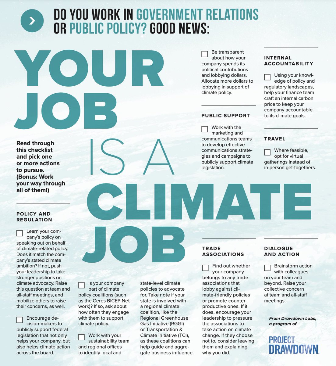 Do you work in government relations or public policy? Then we invite you to head on over & check out our #DrawdownLabs job function action guides to learn how you can use your current role to make an impact in the fight against climate change! drawdown.org/programs/drawd…