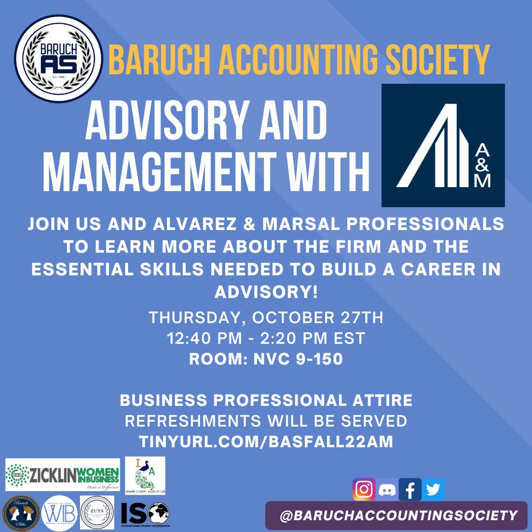 ZicklinWIB's tweet photo. Join us for Advisory and Management with Alvarez &amp; Marsal (A&amp;M) on October 27th to learn more about the firm and the essential skills needed to build an accounting career in advisory!

RSVP at https://t.co/VgXD1ZeoW2 https://t.co/wC3HKEPMij