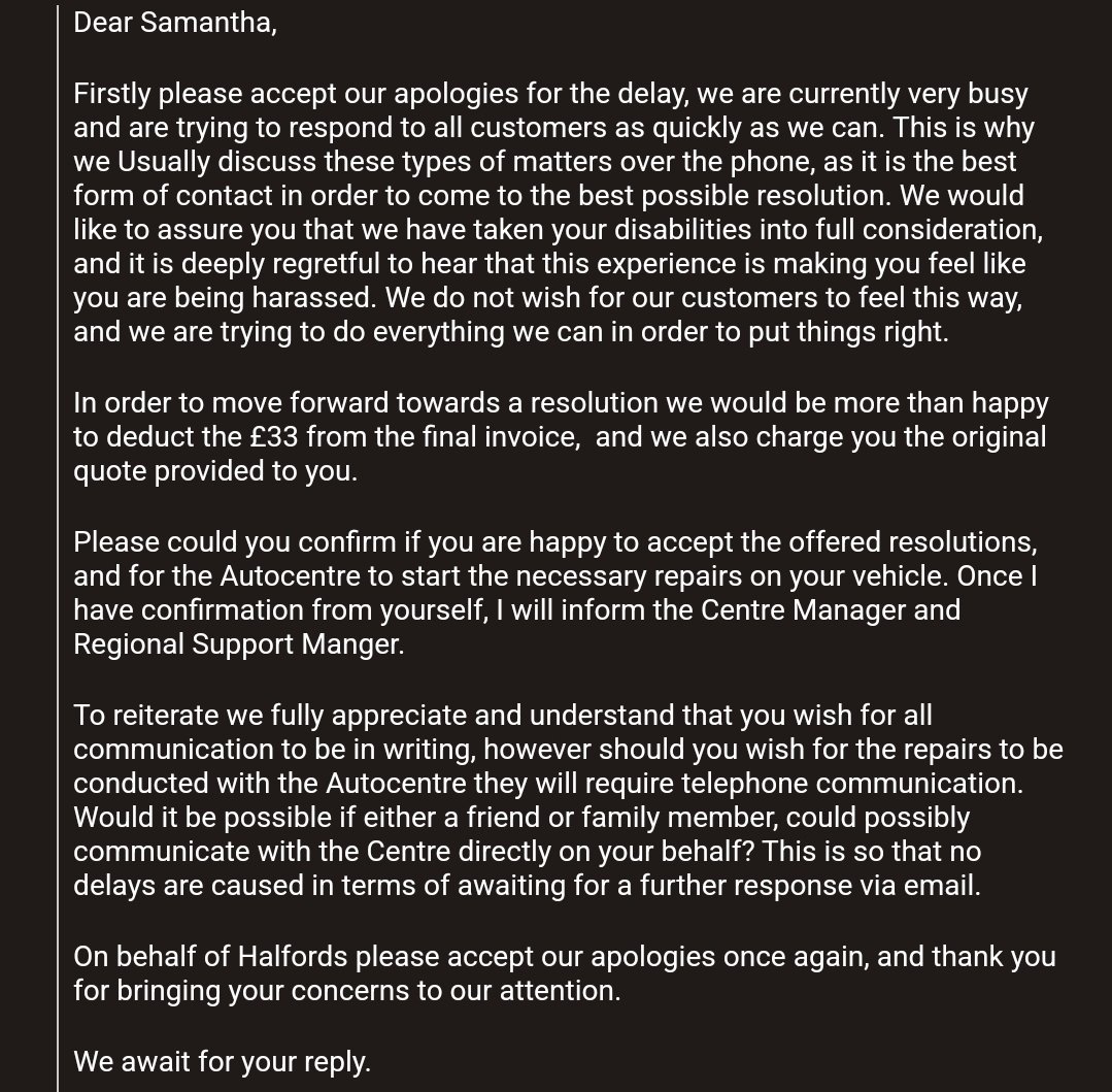 Sam_Ayerski's tweet photo. @Halfords_uk @HalfordsGarages 
"We would like to assure you that we have taken your disabilities into full consideration"

"should you wish for the repairs to be conducted with the Autocentre they will require telephone communication"

Refused service due to a disability https://t.co/rgEx3c2SSx