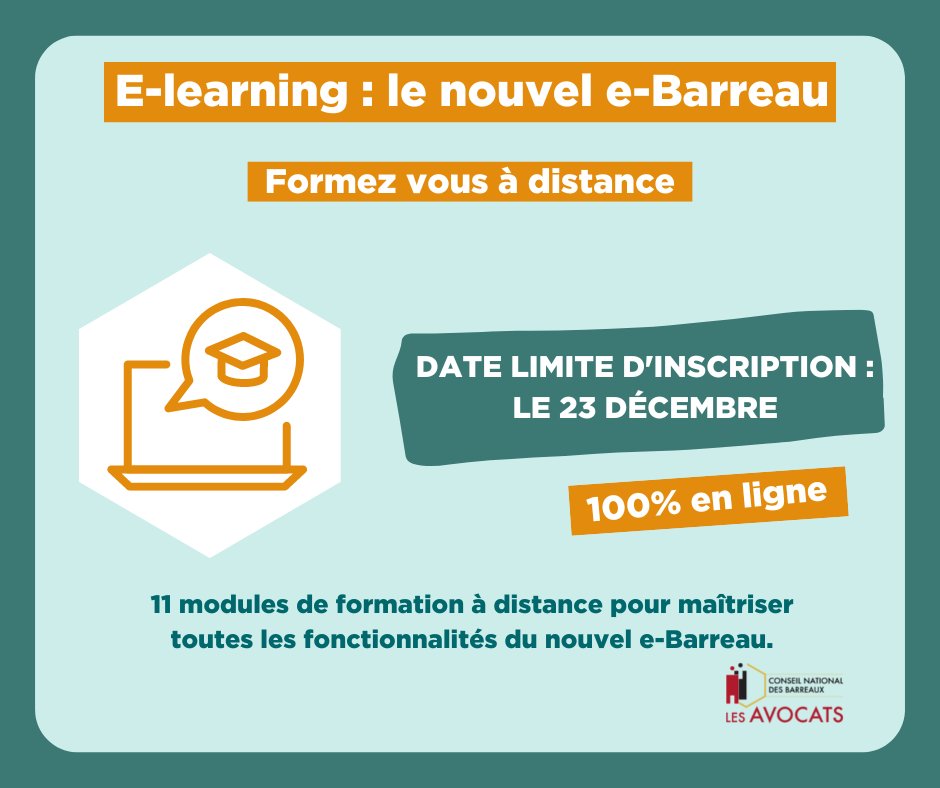[💻e-Learning]
Avocat(e)s, formez-vous aux fonctionnalités du nouvel eBarreau ! Profitez de nos 11 modules gratuits pour vous former. Le nouvel e-Barreau n'aura plus de secret pour vous !

Inscrivez-vous avant le 23 décembre &gt;&gt; loom.ly/_PKbVvE